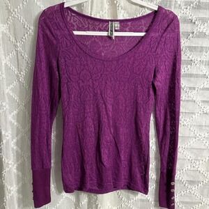 Purple long sleeve blouse with lace details and button cuffs #lacetop